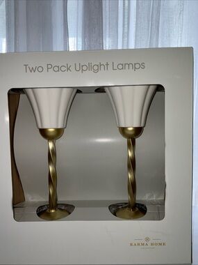 KARMA HOME BOHO MILK GLASS METAL BASE 13” TWO WHITE UPLIGHT LAMP SET NEW IN BOX